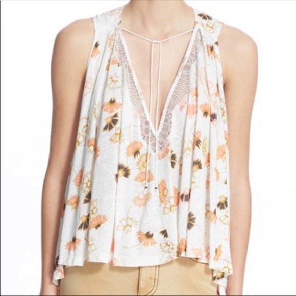 Free People Tops - Free People Love Potion Floral and Lace Tie Neck Slit Up Back Tank Top SZ Large